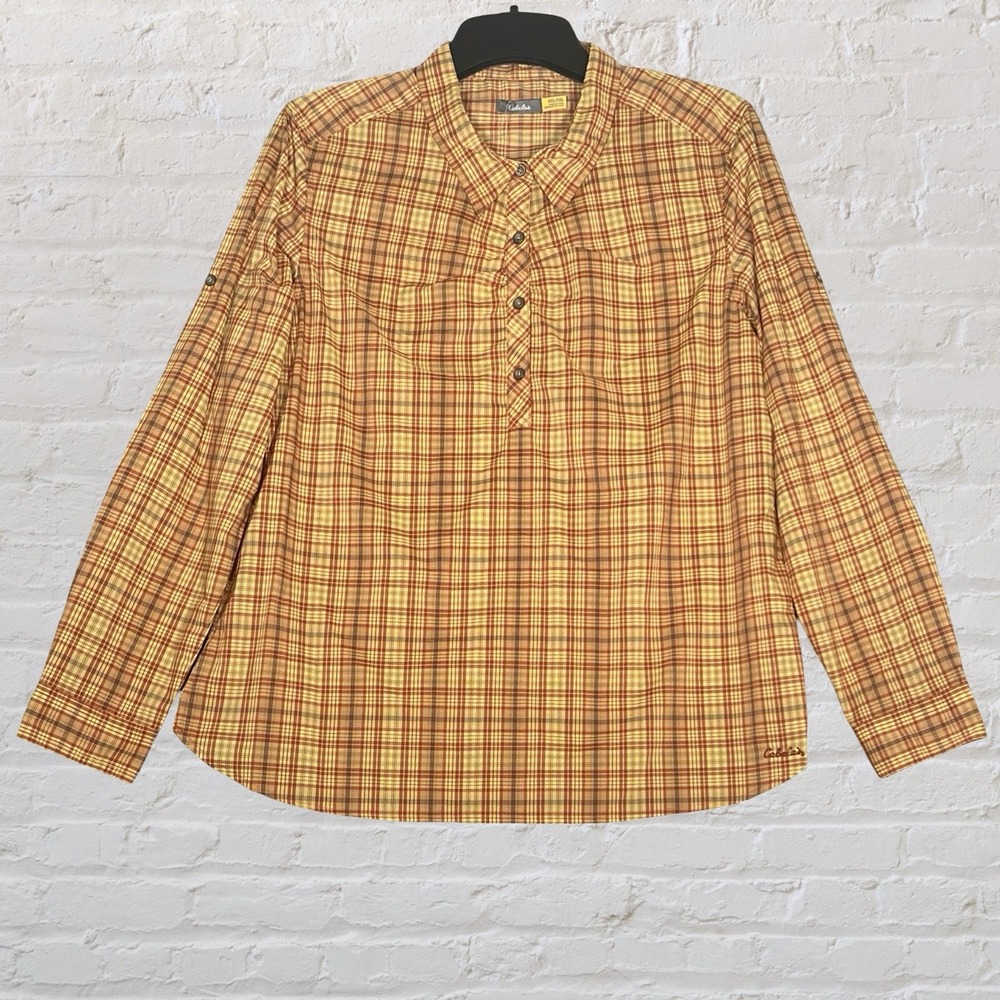 Cabela's Mt. Evans‎ Plaid 1/2 Button Long Sleeve Shirt 2XL Yellow Red Ruched NWT